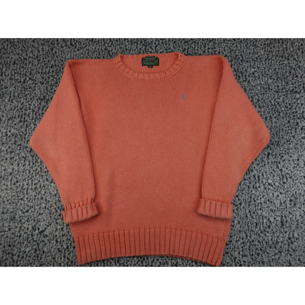 Ralph Lauren Country Sweater Mens Medium Salmon Pink Good Vintage Knit Pony Logo